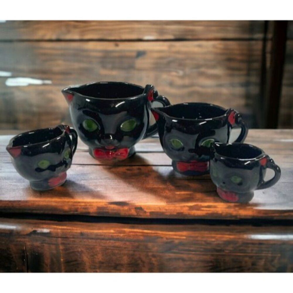 Shafford Japan Black Cat RED bow Measuring Cups Set Redware Vintage Goth Kitchen